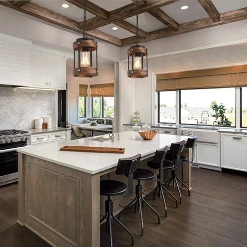 Rustic Oak Wood and Metal Pendant Light for Kitchen Island Sink Hallway, Black