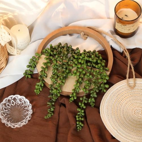 Floweroyal 2pcs Artificial Succulents Hanging Plants with 8.3'' Lanyard Pot Decor (Wood Color)