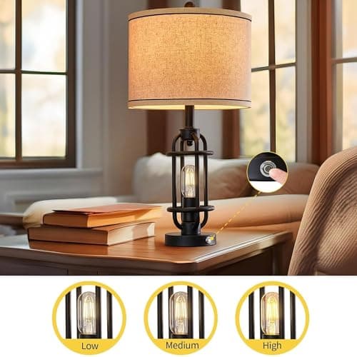 23.75" Industrial Black Metal Living Room Table Lamp Set of 2 Bedside Touch Lamps with USB