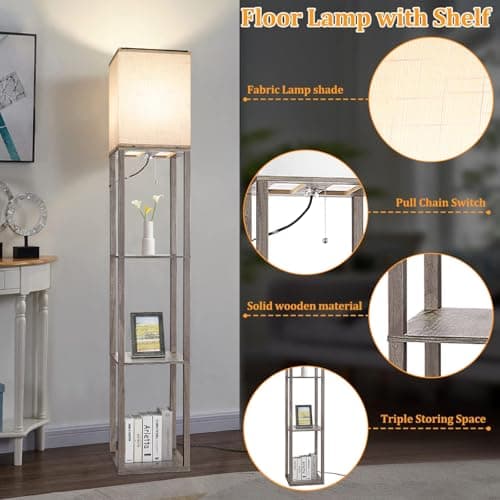 Rustic Wood Corner Floor Lamp with Shelves for Living Room and Bedroom Home Decor