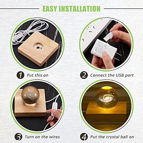 Honoson 2 Pcs LED Wood Base Crystal Resin Display Stand with 6 LEDs USB Square Round