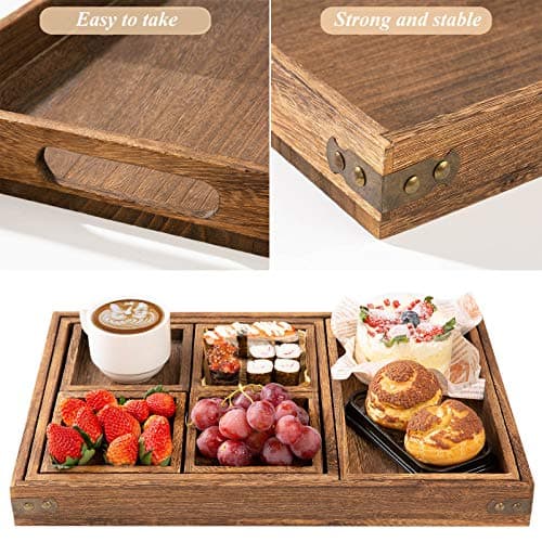 Yangbaga Rustic Wooden Serving Trays with Handle - Set of 7 Rectangular Platters