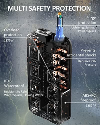 Weatherproof Outdoor Power Strip with 8 Outlets & 3 USB Ports, 10FT Cord, Overload Protection Black