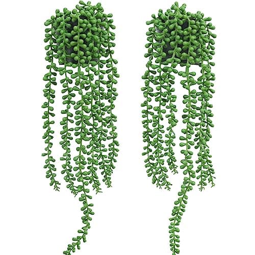 Floweroyal 2pcs Artificial Succulents Hanging Plants with 8.3'' Lanyard Pot Decor (Wood Color) — Type2-green-2pcs