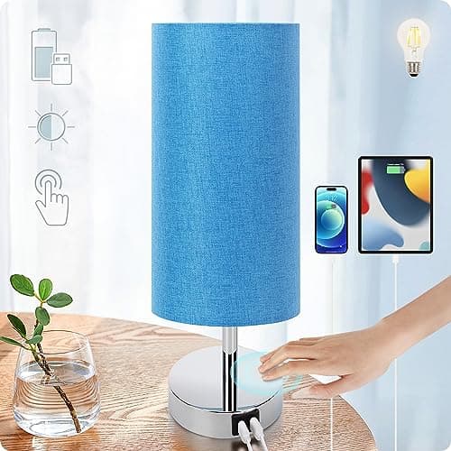 Yarra-Decor Touch-Control Bedside Table Lamp with USB, 3-Way Dimmable, Round Fabric Shade — Denim