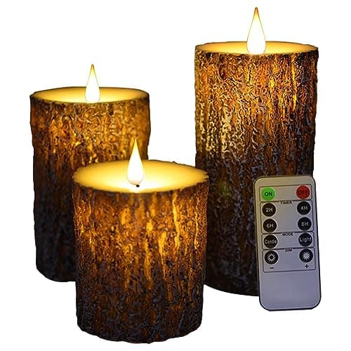 Niceme Real Wax Flameless Pine Bark Candles Set of 3 with Remote Timer