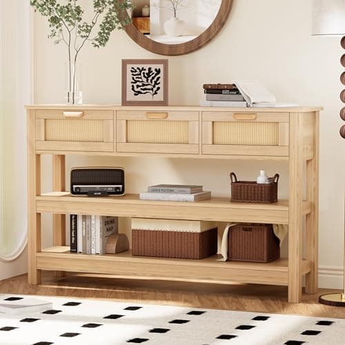 Natural Wood Rattan Console Table with 3 Drawers, Behind Couch — 3 Drawers & 2 Shelves
