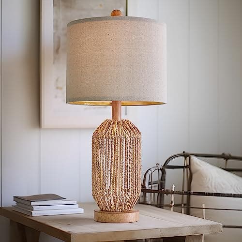 OYEARS 21" Boho Rattan Table Lamp for Living Room and Bedside, Brown, Retro Style