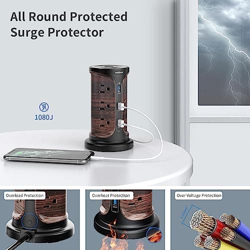 Wood Grain Surge Protector Power Strip, 4 Fixed Outlets, 3 USB Ports, 6.5 FT Cord, Surge Protection
