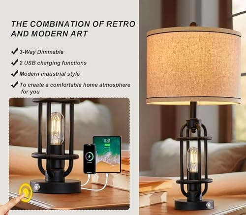 23.75" Industrial Black Metal Living Room Table Lamp Set of 2 Bedside Touch Lamps with USB