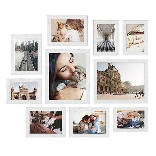 SONGMICS Collage Picture Frames Set of 10, Rustic Brown Glass — Cloud White