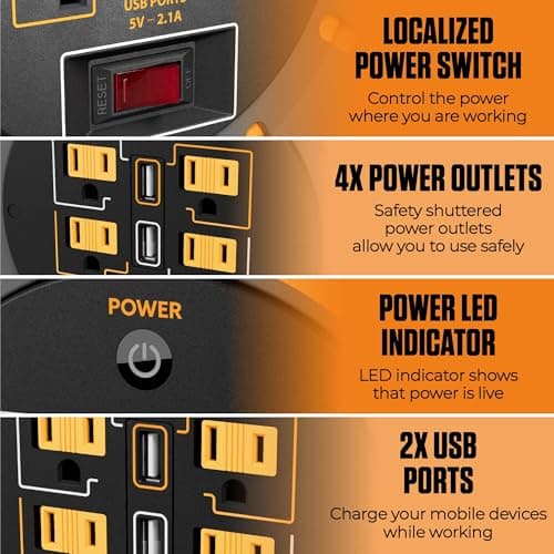 75ft Retractable Cord Reel with Safety Overload Protection and 4 Outlets, 2 USB Ports