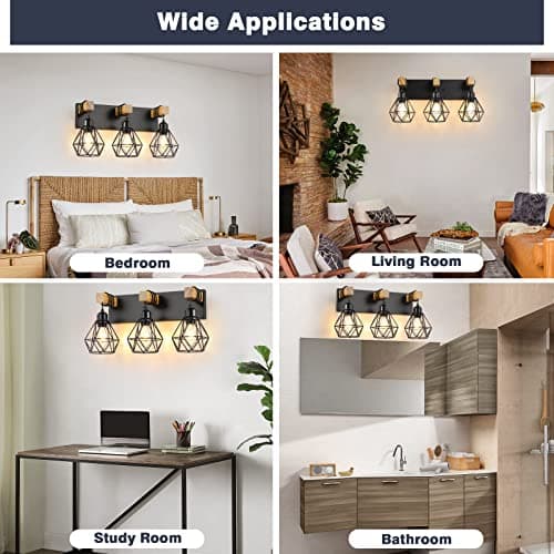 Rustic 3-Light Wood Bathroom Vanity Light with Elegant Metal Shade for Bathroom, Living Room, Hallway