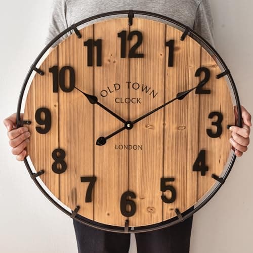 Rustic Antique Wood Wall Clock - Large 24 Inch Battery Operated Clock for Home and Office