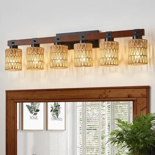 Rustic Farmhouse Wood Vanity Light, Handmade Bamboo Woven Basket Shade — Brown