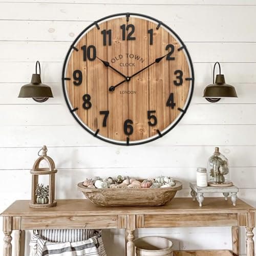 Rustic Antique Wood Wall Clock - Large 24 Inch Battery Operated Clock for Home and Office