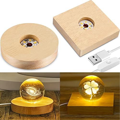 Honoson 2 Pcs LED Wood Base Crystal Resin Display Stand with 6 LEDs USB Square Round