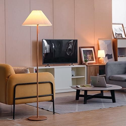 GLOBE Electric 62" Wood Toned Floor Lamp with Pleated Fabric Shade