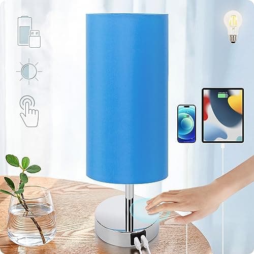 Yarra-Decor Touch-Control Bedside Table Lamp with USB, 3-Way Dimmable, Round Fabric Shade — Blue