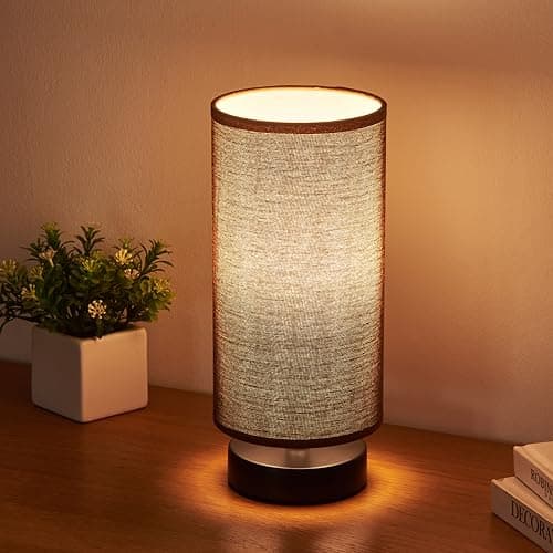Fabric Wooden Table Lamp, Cylinder Black Base, Bedside & Desk Lamp — Brown