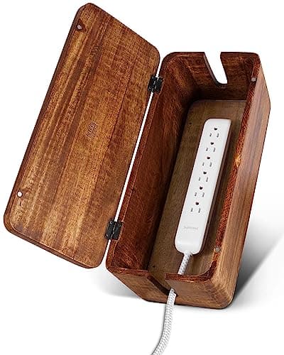 Acacia Wood Large Cable Management Box - Power Strip and Desk Cord Organizer — Natural Mango Wood
