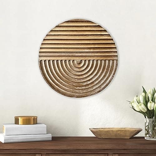 Musanpou Hand-carved Round Wood Wall Decor | Farmhouse & Country Style | Natural