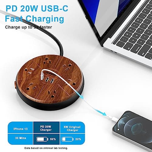 Power Strip with 20W USB-C, 6.5 FT Extension, 6 Outlets, 1 USB-C, 2 USB-A, TOPREK Surge Protector, Wood Desk Power Strip