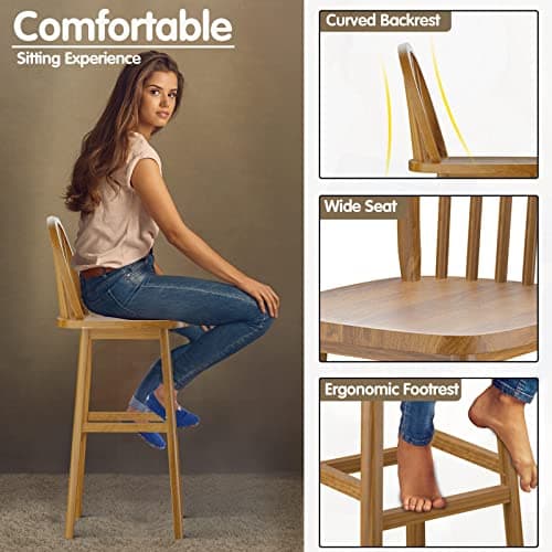 COSTWAY Windsor Bar Stools, 30 Inch Back With Footrest, Easy Assembly, Natural