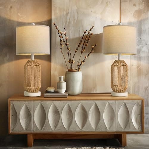 OYEARS 21" Boho Rattan Table Lamp for Living Room and Bedside, Brown, Retro Style — White