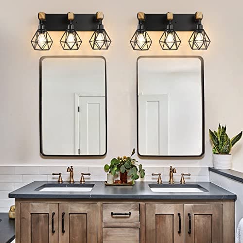 Rustic 3-Light Wood Bathroom Vanity Light with Elegant Metal Shade for Bathroom, Living Room, Hallway