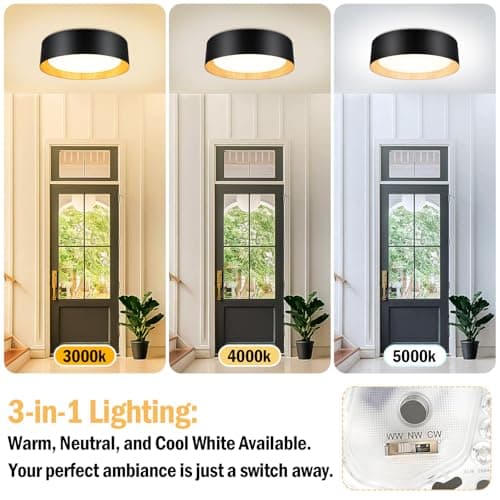 13in 250W Equivalent Dimmable 3CCT Adjustable LED Flush Mount Ceiling Light, Black & Wood