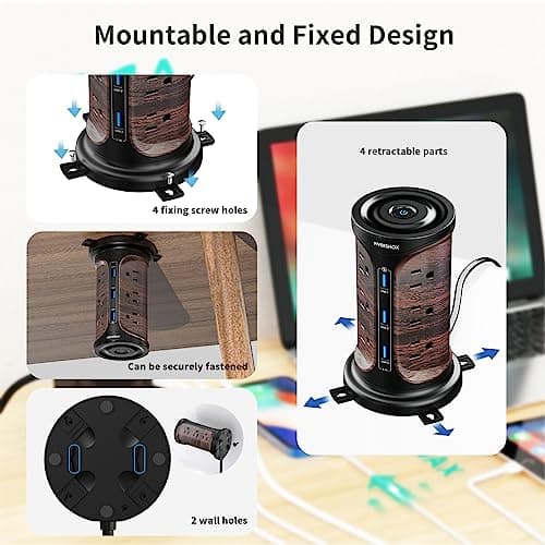 Wood Grain Surge Protector Power Strip, 4 Fixed Outlets, 3 USB Ports, 6.5 FT Cord, Surge Protection
