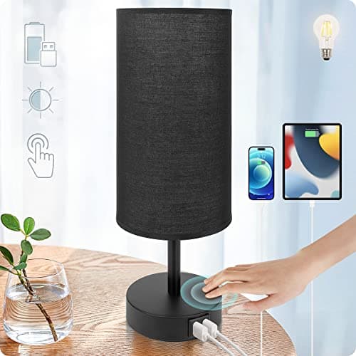 Yarra-Decor Touch-Control Bedside Table Lamp with USB, 3-Way Dimmable, Round Fabric Shade — Black