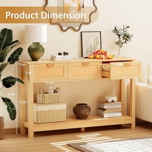 Natural Wood Rattan Console Table with 3 Drawers, Behind Couch