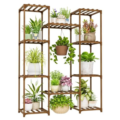 Bamworld Brown Wood Flower Stand for Multiple Plants Outdoor Indoor Living Room Patio Balcony Garden Decor — Brown-10 Pots