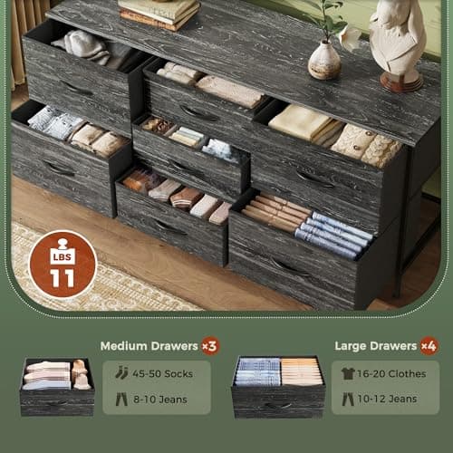 7-Drawer Dresser & 43-55 TV Stand, Wide Fabric Chest, Charcoal Grain