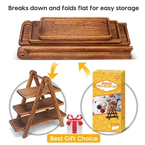 Manspdier Wood 3 Tier Cupcake Stand & Serving Tray, Brown Farmhouse Decor