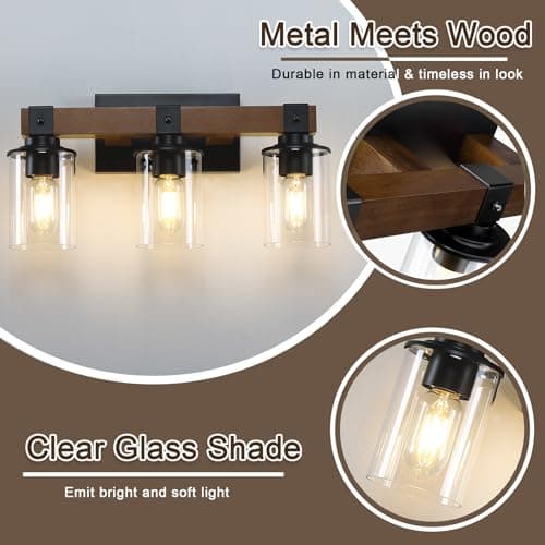 3-Light Rustic Wood Farmhouse Vanity Light with Industrial Black Sconces and Bubble Glass Shade