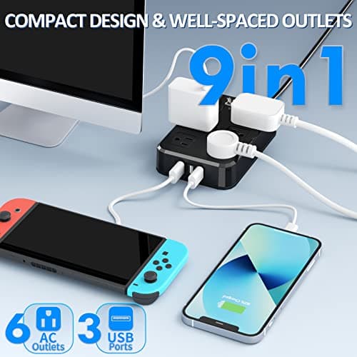 Weatherproof IPX6 Outdoor Power Strip with 6 Outlets & 3 USB Ports (Black)