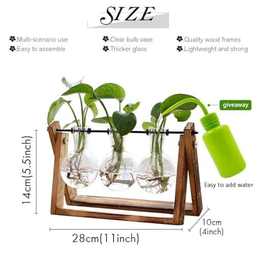Retro Wooden Stand Plant Terrarium with 3 Bulb Vase for Home Garden Office