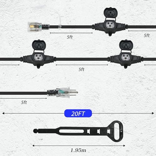 ETL Listed 20FT 16 Gauge Multi-Outlet Extension Cord, 4 Weatherproof Outlets, Ideal for Stage, Garden, & Christmas