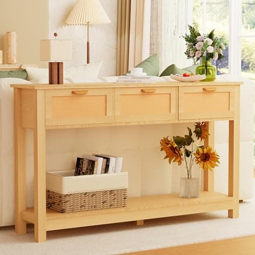 Natural Wood Rattan Console Table with 3 Drawers, Behind Couch