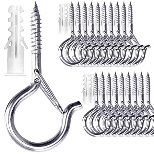 PlusRoc 20 Pack Heavy Duty Black Eye Hooks for String Lights and More — Stainless Steel Silver