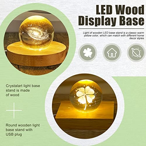 Honoson 2 Pcs LED Wood Base Crystal Resin Display Stand with 6 LEDs USB Square Round