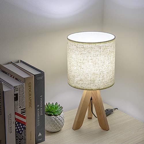 HAITRAL Wooden Tripod Nightstand Lamp with Fabric Shade - 13.4 Inches (Without Bulb)