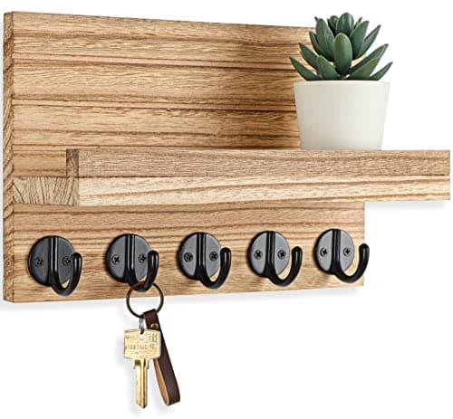 Paulownia Wood Wall Key Holder with Shelf and Hooks — Burnt wood