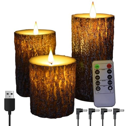 Niceme Real Wax Flameless Pine Bark Candles Set of 3 with Remote Timer — Pine Bark Brown