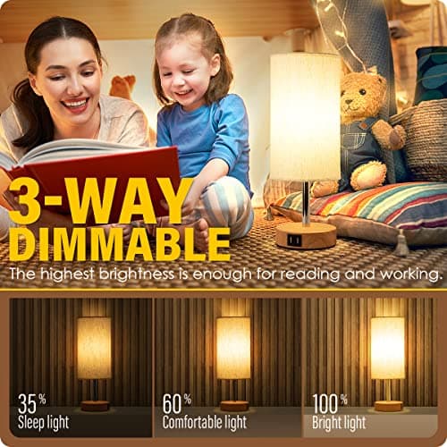 Yarra-Decor Touch-Control Bedside Table Lamp with USB, 3-Way Dimmable, Round Fabric Shade