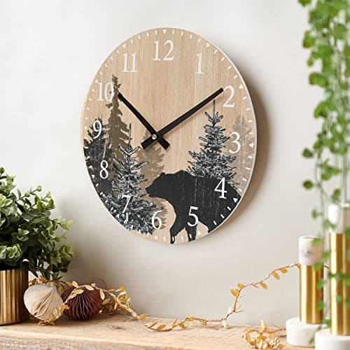 Cabin Bear 12 Inch Silent Wood Wall Clock