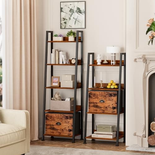 Furologee Rustic 5-Tier Ladder Shelf, Wood & Metal Storage Organizer